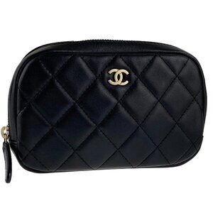 BNIB CHANEL Lambskin Quilted Small Curvy Pouch Cosmetic Case Black